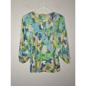 Hope And Harlow Watercolor Green Floral Lightweight Peasant Blouse Sz Small